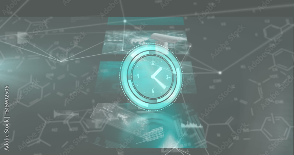 Image of clock moving fast over network of connections with glowing spots