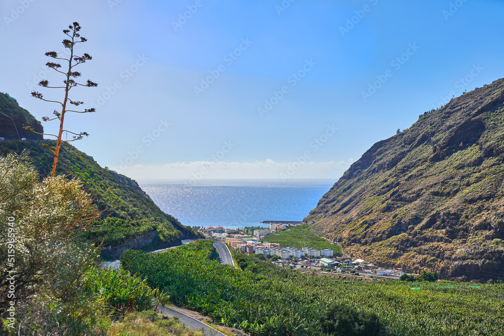 Scenic view of banana plantations around Los Llanos, La Palma in Spain. Beautiful farmland on the co