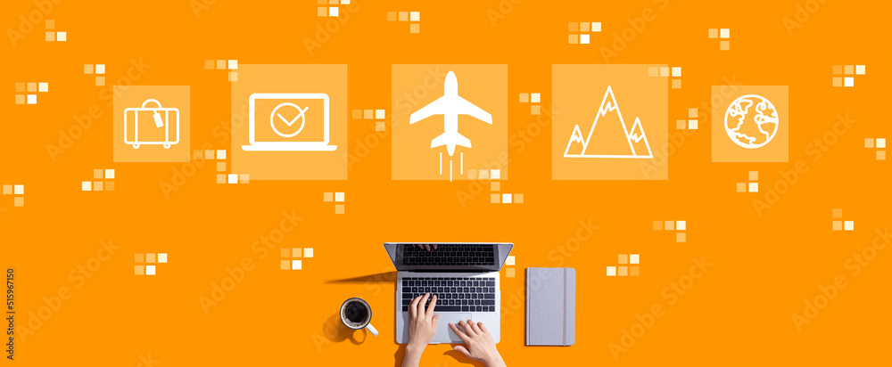 Flight ticket booking concept with person working with a laptop