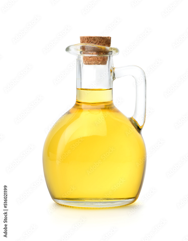 Bottle of cooking oil with cork cap isolated on white background. Clipping path.