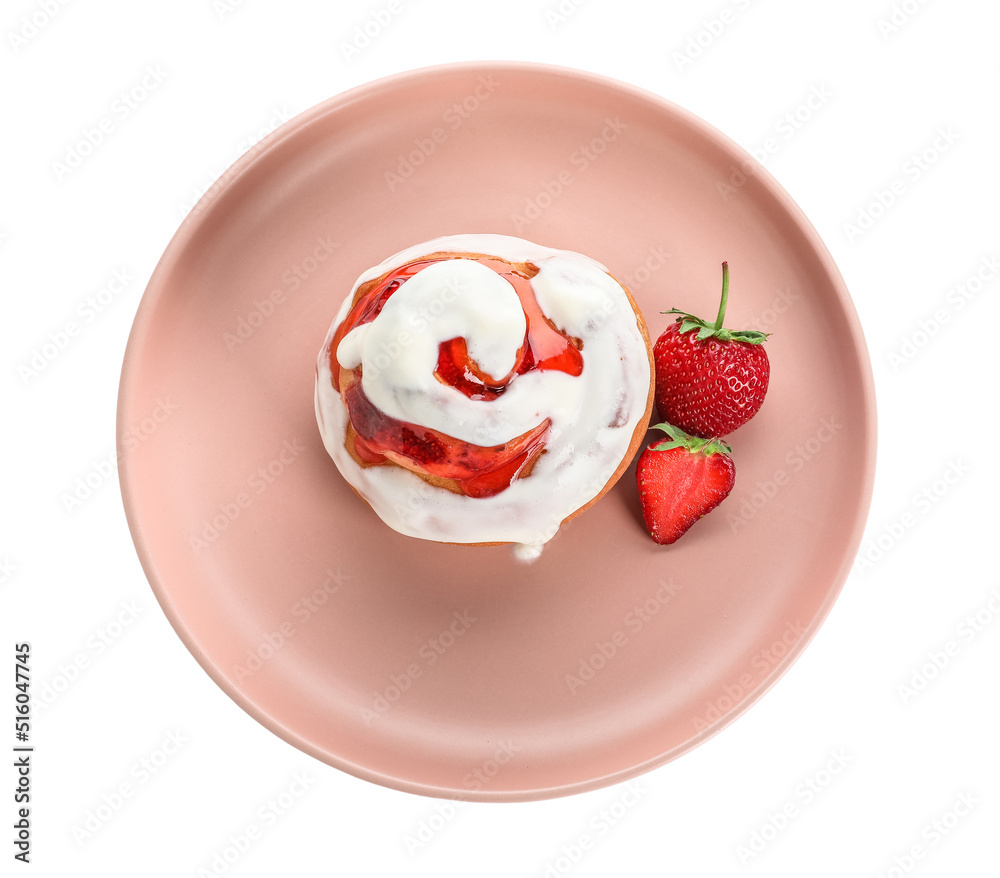 Plate of tasty strawberry cinnamon roll with cream on white background