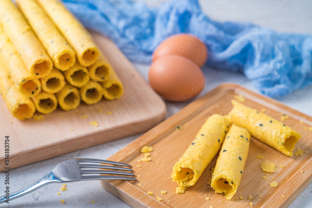 China Macau gourmet egg rolls on a cutting board