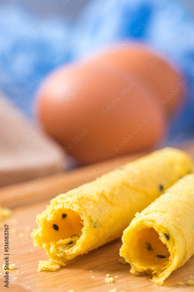 China Macau gourmet egg rolls on a cutting board