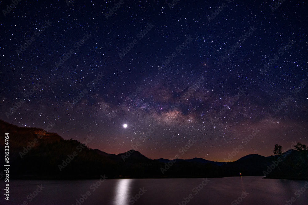 Beautiful landscape mountains and lake in the night with Milky Way with Mars and brightest Venus bac