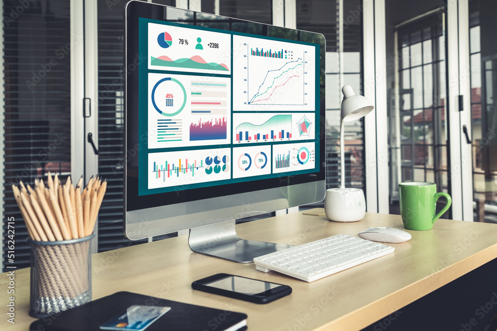 Business data dashboard analysis by ingenious computer software . Investment application display bus