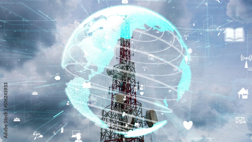 Telecommunication tower with 3D graphic of global business alteration and e-commerce against blue sk