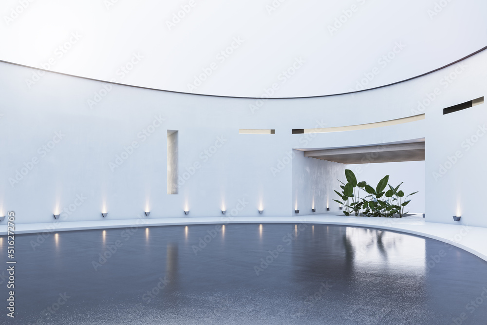 Bright spacious round concrete exhibition hall interior with decorative plants in pots and reflectio