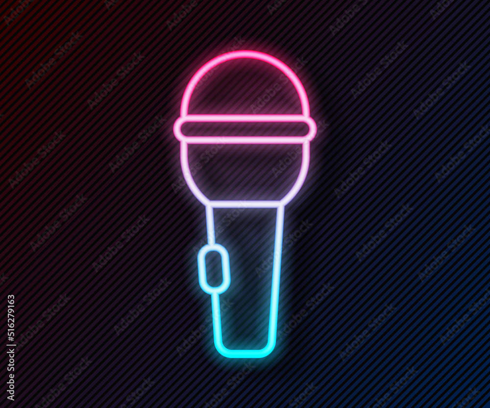 Glowing neon line Microphone icon isolated on black background. On air radio mic microphone. Speaker