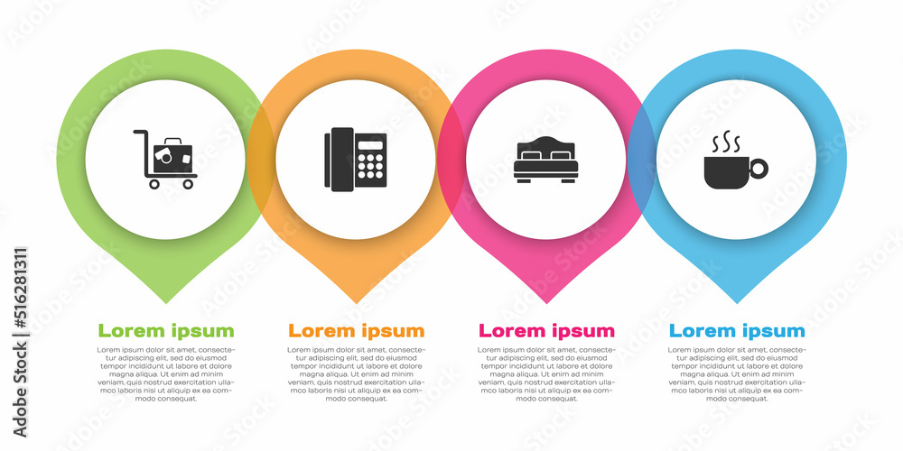 套装手提箱、手机、酒店客房床和咖啡杯。商务信息图模板。Vecto