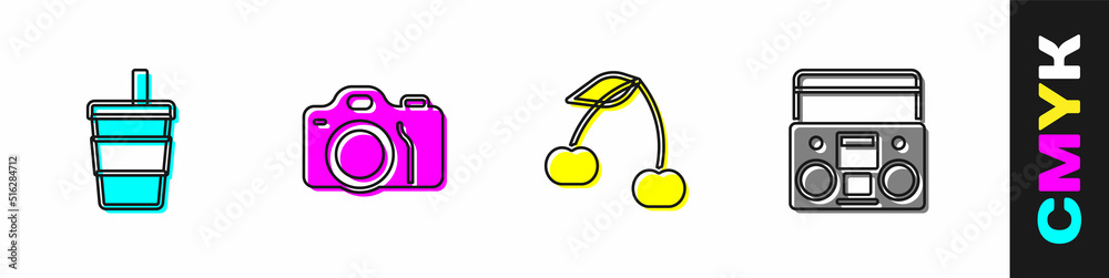 Set Paper glass with water, Photo camera, Cherry and Home stereo two speakers icon. Vector