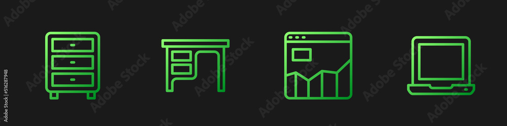 设定线图表信息图，档案纸抽屉，办公桌和笔记本电脑。渐变色图标