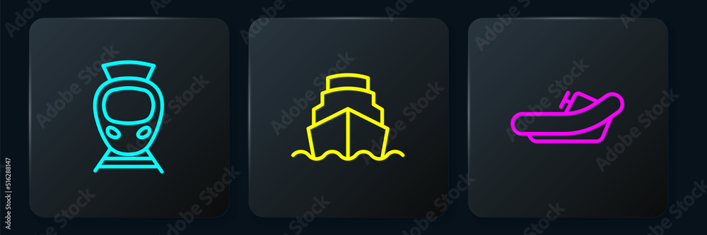 Set line Tram and railway, Rafting boat and Cruise ship. Black square button. Vector