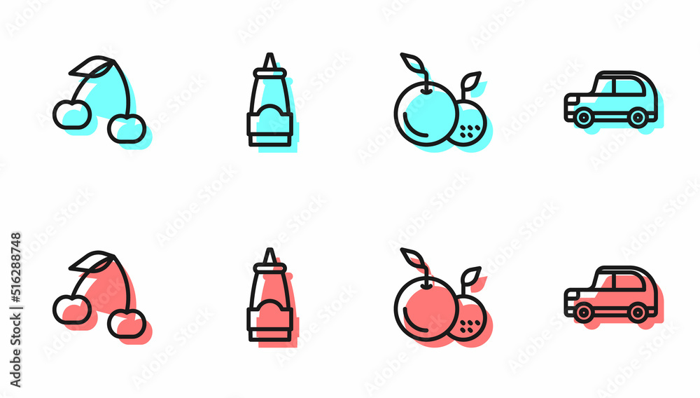 Set line Fruit, Cherry, Sauce bottle and Car icon. Vector