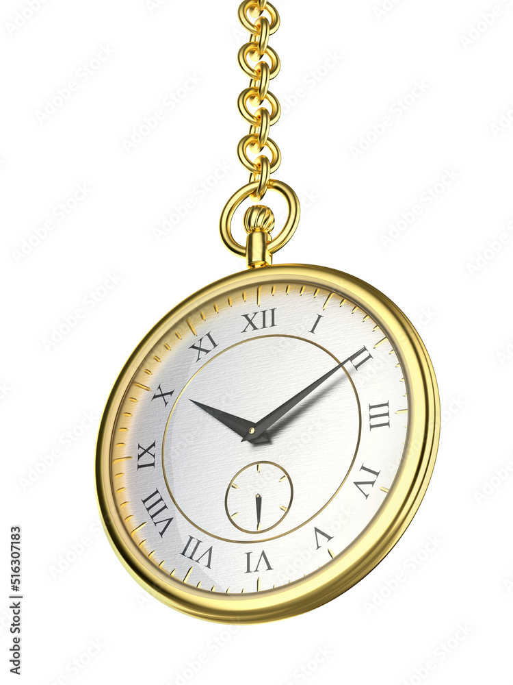 Shiny gold pocket watch with chain, isolated on white background