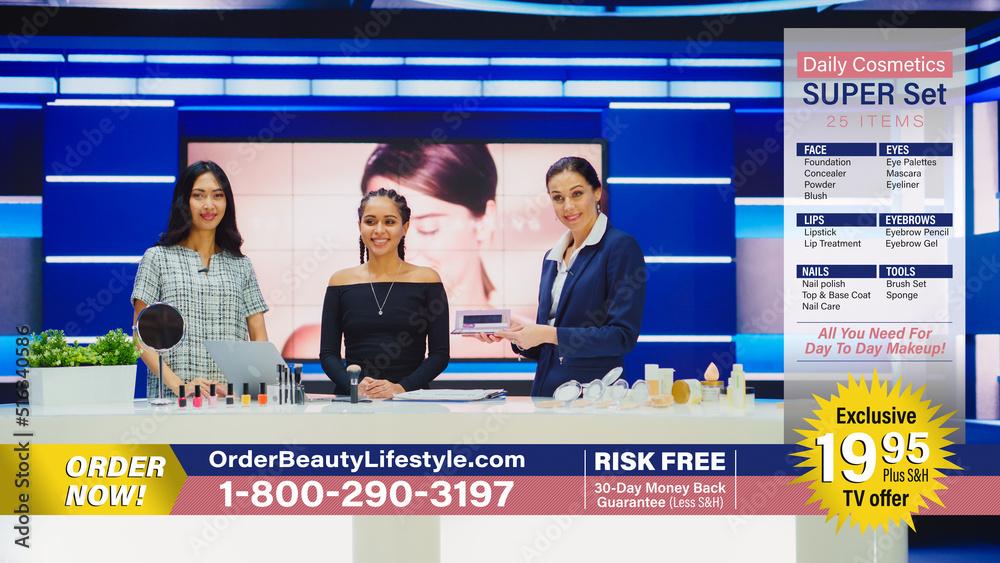 TV Infomercial Program: Female Host, Makeup Artist uses Eyeshadow Palette on Beautiful Model, Presen