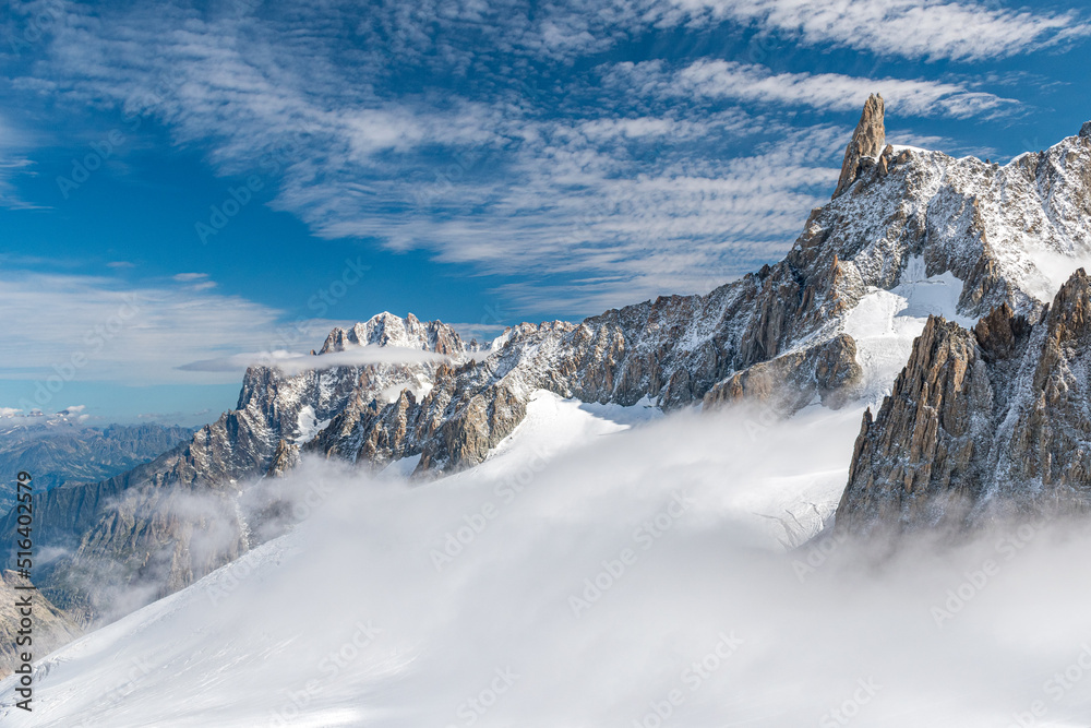 The Geant glacier in the massif of Mont Blanc; in the background the peak of the Dent du Géant