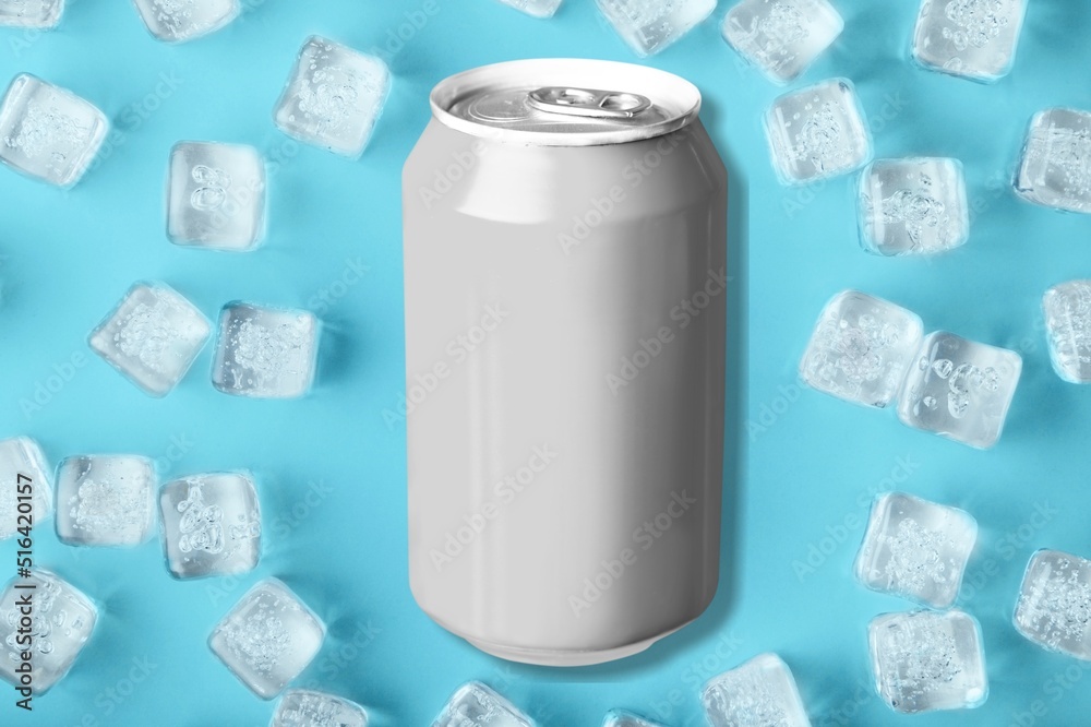 Can of cold beverage, ice cube. Summer refreshing drink