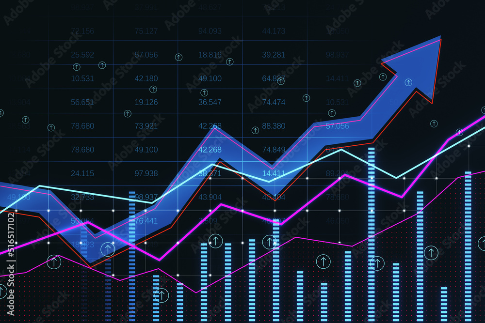 抽象增长的商业箭头和图表，带指数。金融数据、贸易和m