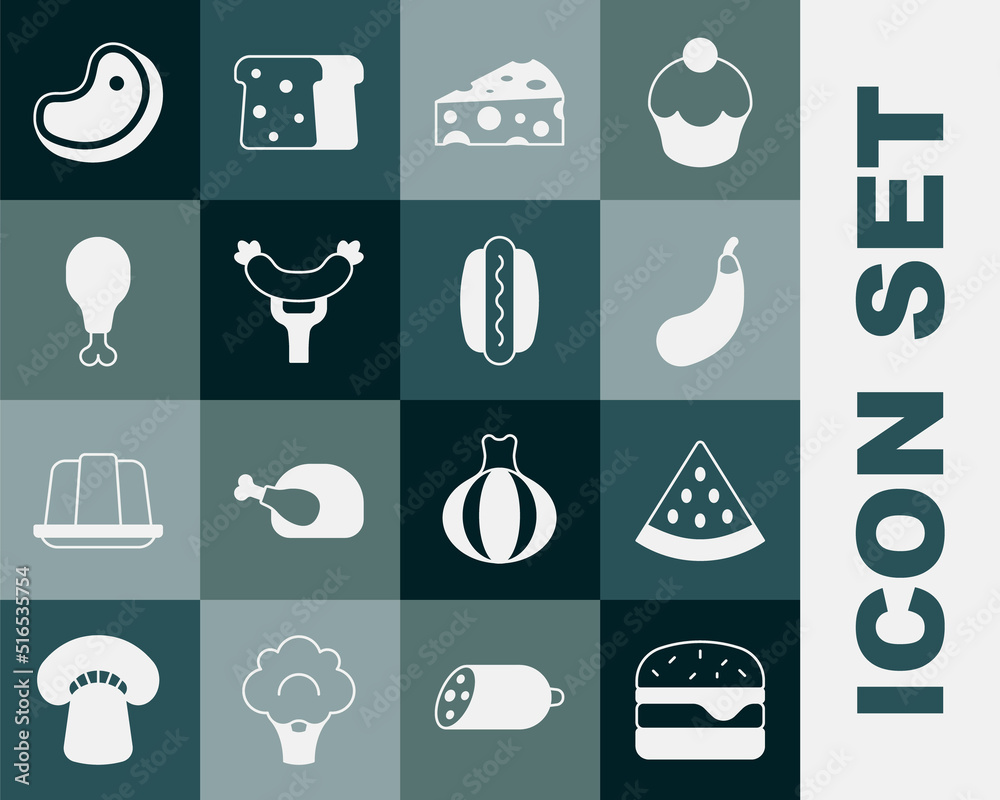 Set Burger, Watermelon, Eggplant, Cheese, Sausage the fork, Chicken leg, Steak meat and Hotdog icon.