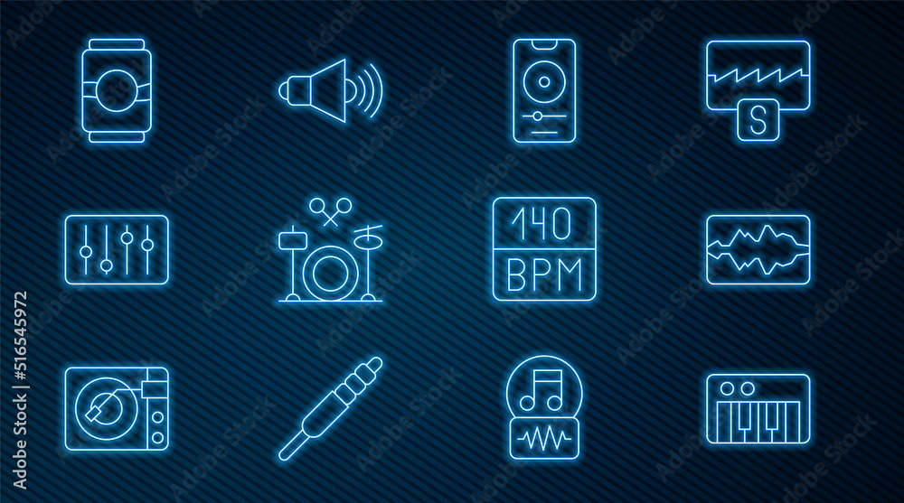 Set line Music synthesizer, wave equalizer, player, Drums, Sound mixer controller, Beer can, Bitrate