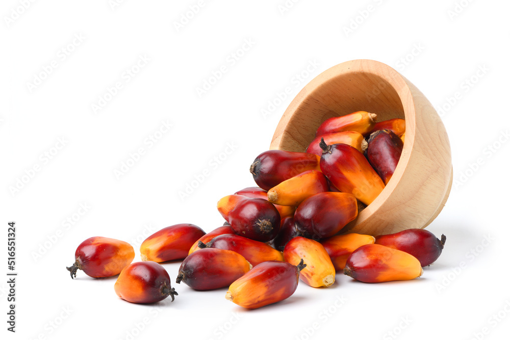 Palm oil nuts with wooden bowl isolate on white background.