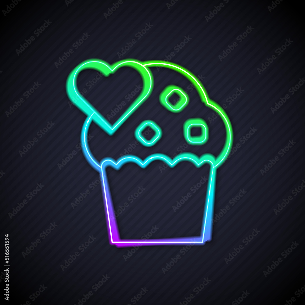 Glowing neon line Wedding cake with heart icon isolated on black background. Happy Valentines day. V