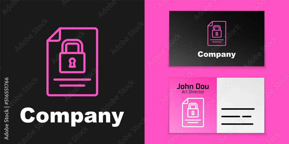 Pink line Document and lock icon isolated on black background. File format and padlock. Security, sa