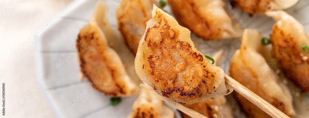 Pan-fried gyoza dumpling jiaozi in a plate with soy sauce on white table background.