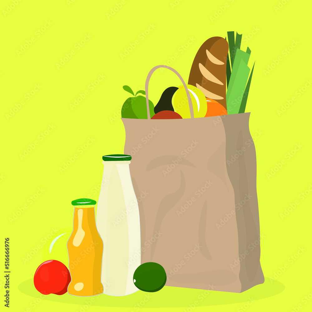 Paper grocery bag with products on yellow background