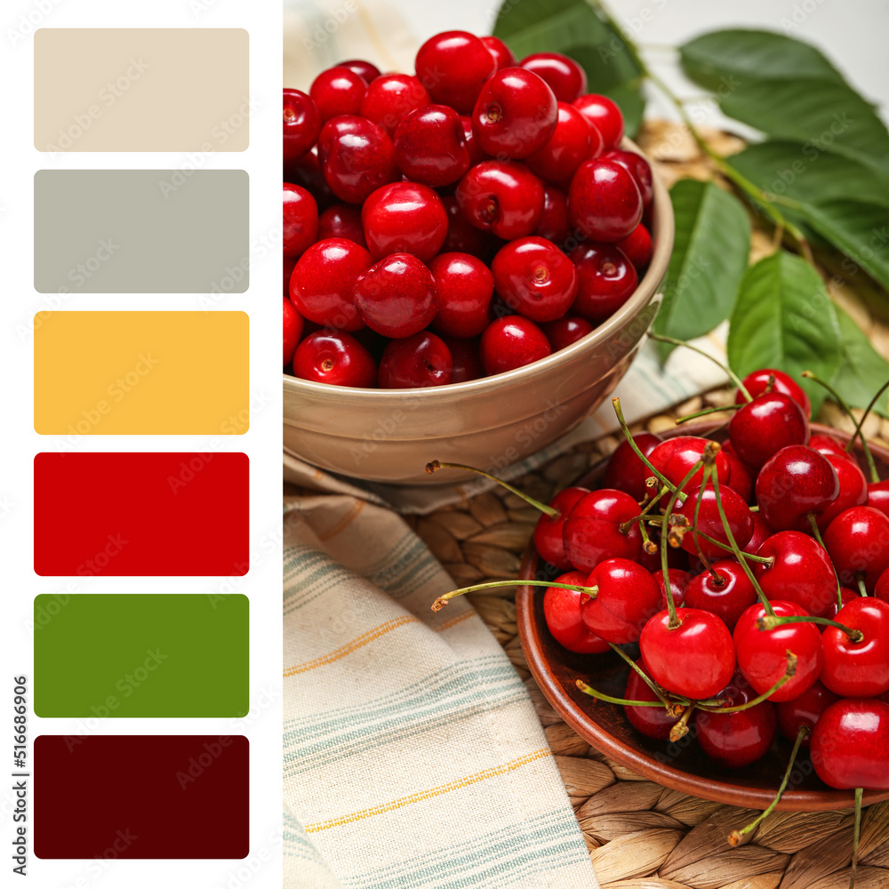 Bowls of sweet cherries on table. Different color patterns