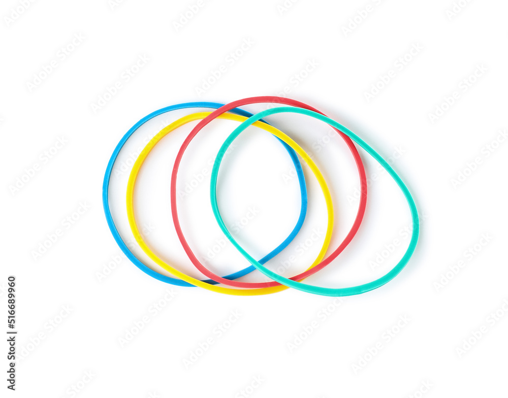 Different rubber bands on white background