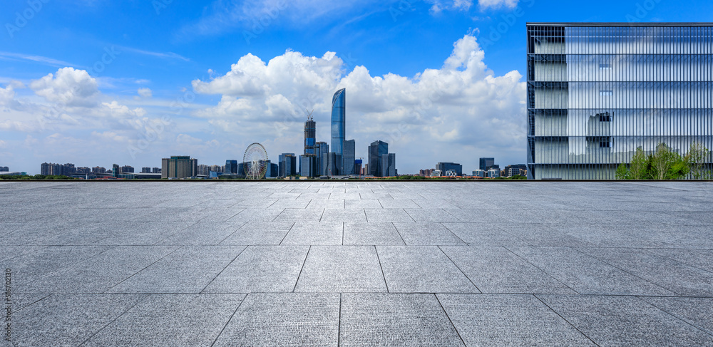 Cityscape of Suzhou City, Jiangsu Province, China. Empty square floor and city skyline scenery.