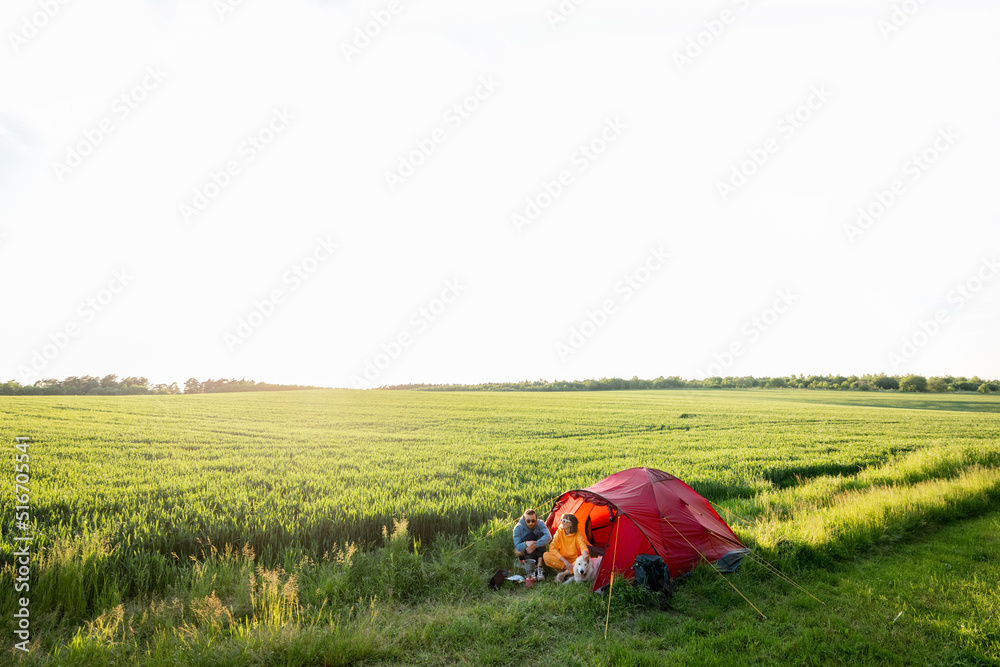 一对夫妇在绿地上的露营地与一只狗共度夏天。美丽的麦田美景尽收眼底