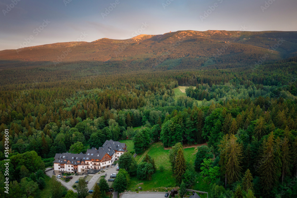 Szklarska Poreba town in Karkonosze mountains at sunset, Giant Mountains. Poland