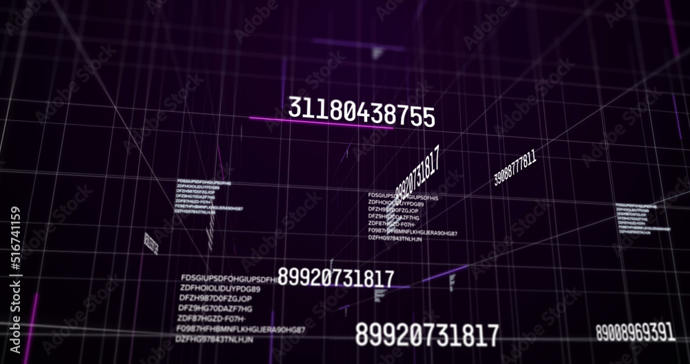 Image of numbers changing and data processing on black background