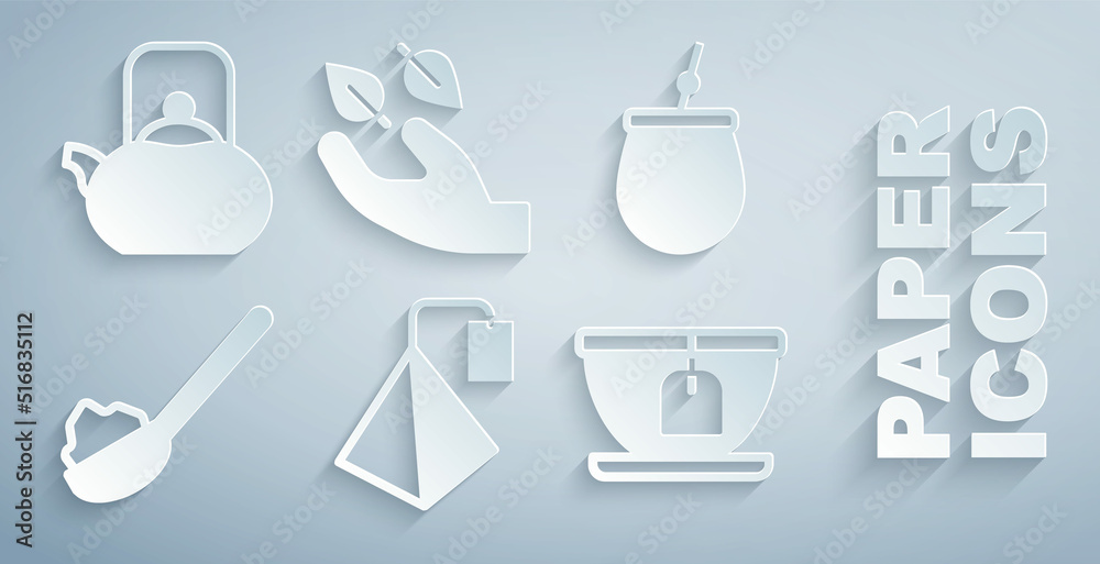 Set Tea bag, Mate tea, Spoon with sugar, Cup, leaf in hand and Kettle handle icon. Vector