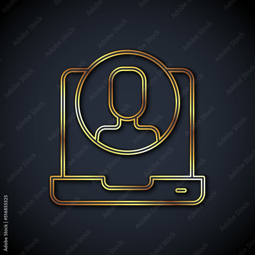 Gold line Telephone 24 hours support icon isolated on black background. All-day customer support cal