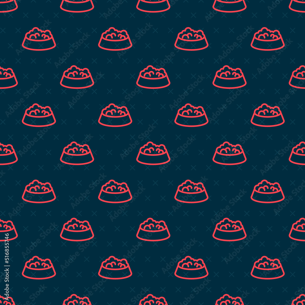 Red line Pet food bowl for cat or dog icon isolated seamless pattern on black background. Dog or cat