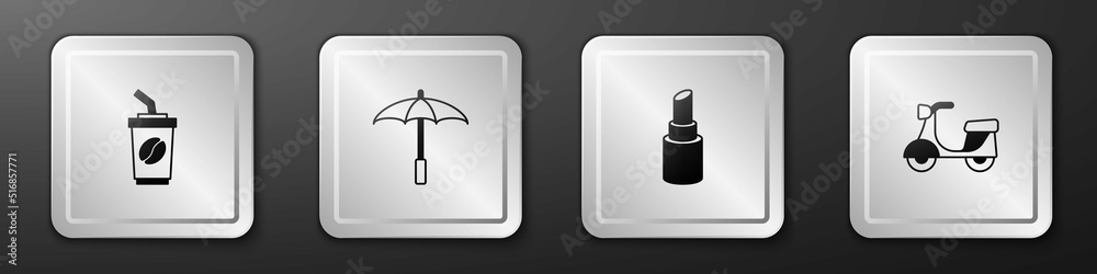 Set Coffee cup to go, Umbrella for beach, Lipstick and Scooter icon. Silver square button. Vector