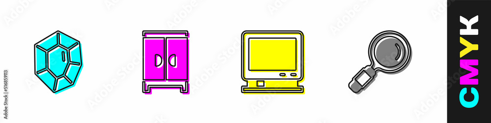 镶嵌宝石、衣橱、复古电视和放大镜图标。矢量