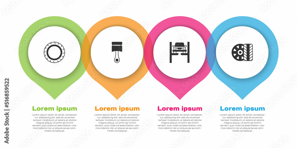 设置汽车轮胎车轮、发动机活塞、修理汽车举升机和。商业信息图模板。Vector
