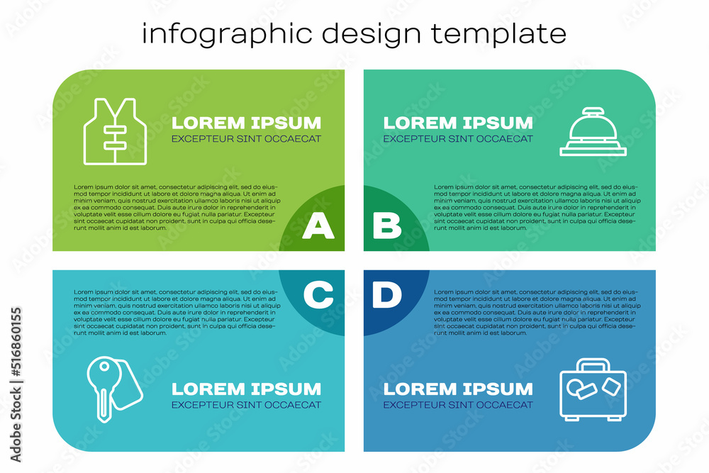 设置酒店门锁钥匙、救生衣、手提箱和服务铃。商务信息图模板。