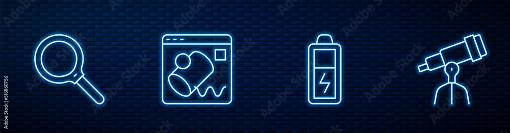 设置线电池、放大镜、数据可视化和望远镜。砖墙上闪烁的霓虹灯图标