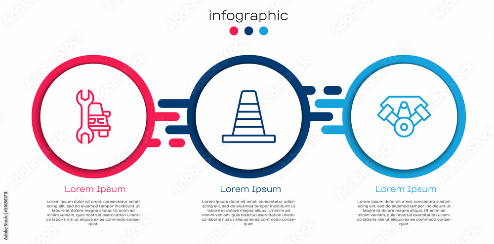 设置线路汽车服务，交通锥和动力汽车发动机。商业信息图模板。矢量