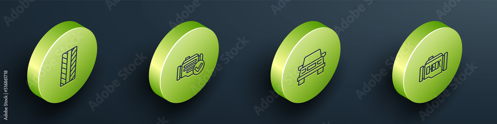 Set Isometric line Car tire wheel, Check engine, and icon. Vector