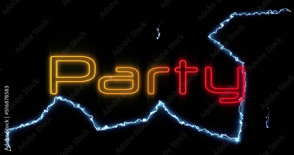 Image of party text over lightnings on black background