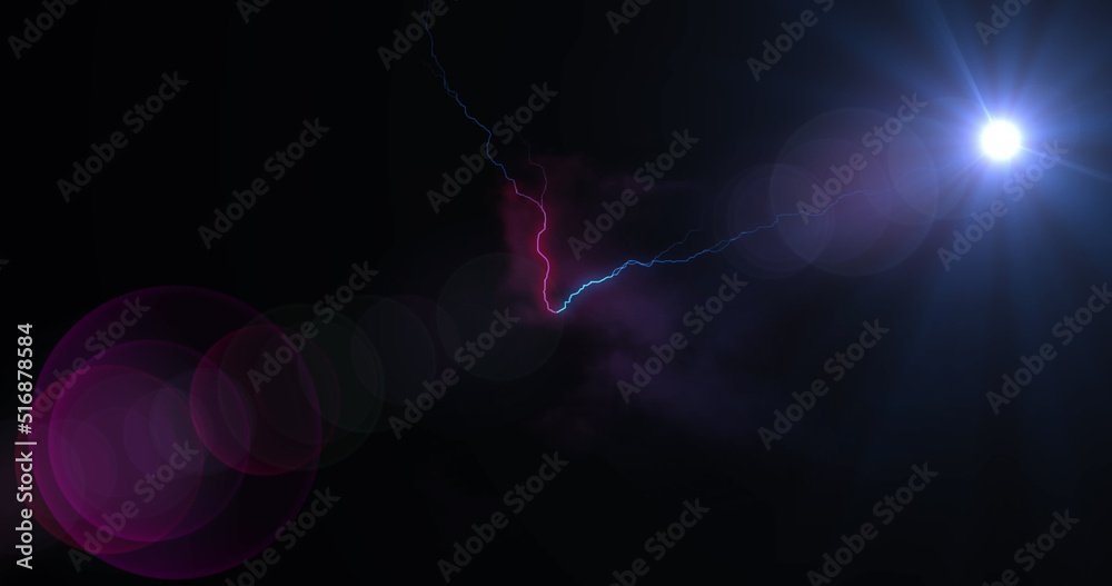 Image of lightnings and smoke trail on black background