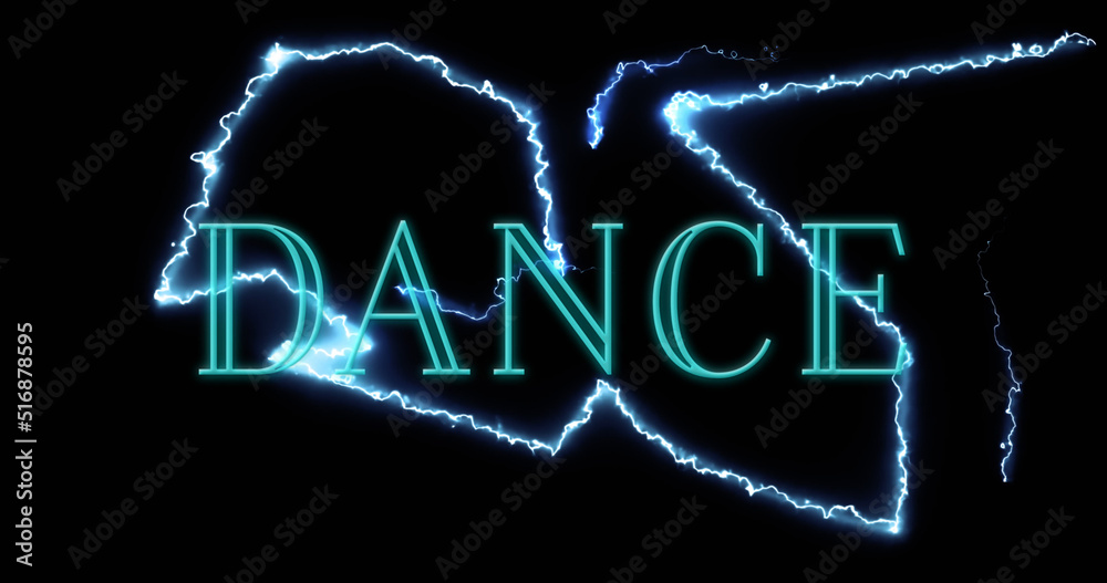 Image of dance text over lightnings on black background