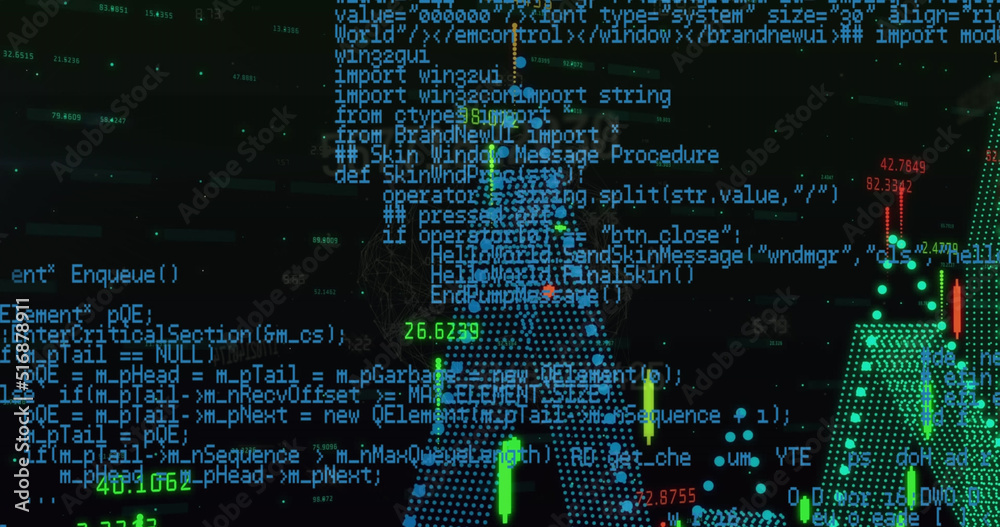 Image of graphs and data processing on black background