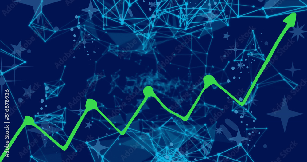 Image of green graph and stars and communication networks on blue background